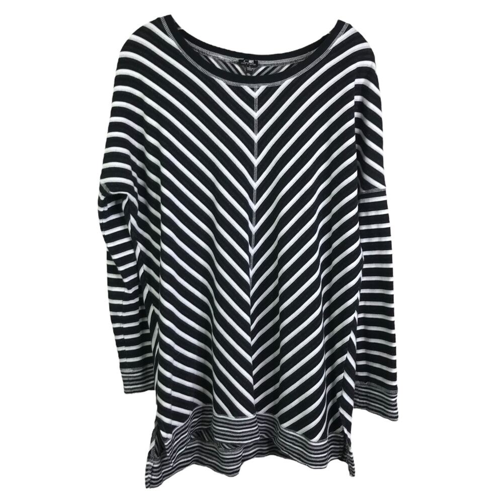 Cable & Gauge Tunic Top Womens L Black White Chevron Striped Long Sleeves Cotton